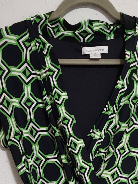 Liz Claiborne Blue Green Geometric Mod Wrap Dress Small - Picture 1 of 5